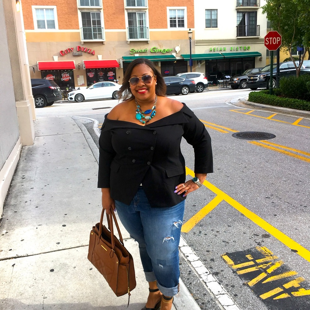 Lane Bryant Black Ponte Double Breasted Blazer, Off Shoulder Top, Size 24